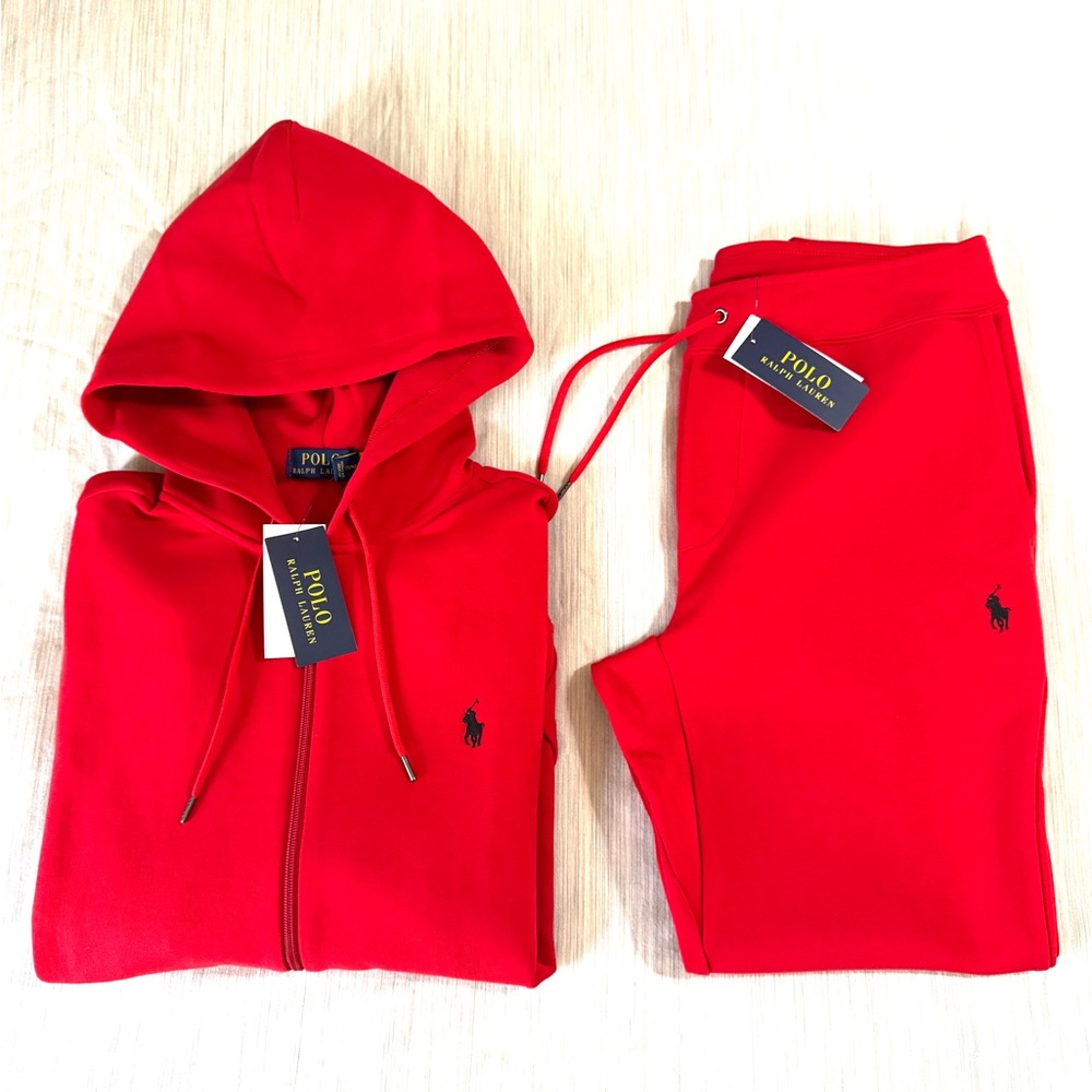 Polo Ralph Lauren Double Knit Tech Fleece Jogger Sweatsuit Red Black Pony